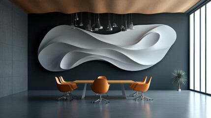 Wall Mural - A modern office space with a large white wall and a curved design