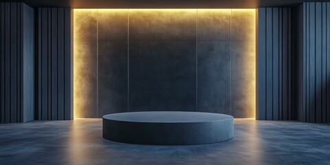 Wall Mural - Dark room with round platform and yellow lighting.