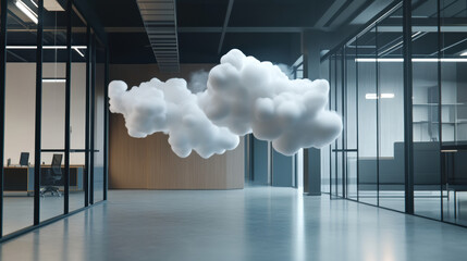 A large cloud of white clouds is floating in a large, empty room