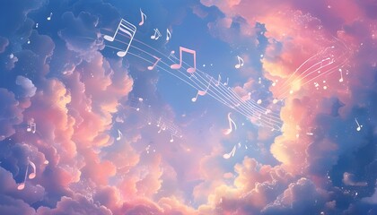 Wall Mural - Whimsical Clouds and Floating Music Notes Under a Dreamy Pastel Sky