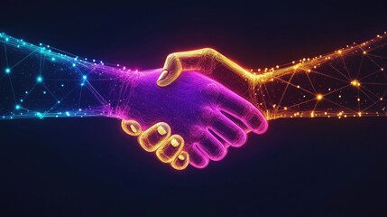Wall Mural - two glowing digital hands shaking in a handshake, symbolizing partnership, agreement, and collaborat