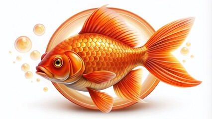 A stylized, bright orange fish with fins and scales, surrounded by a circle, symbolizing creativity, innovation, and