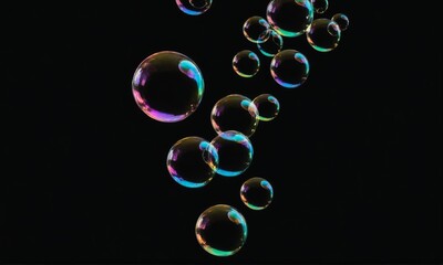 Soap bubbles with rainbow colors floating on black background