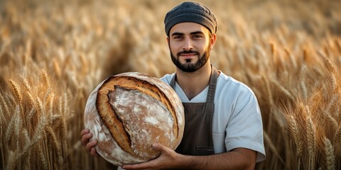 Wall Mural - A proud baker holds a large loaf of bread in a golden wheat field. The sun sets behind him, adding warmth to the scene. Perfect for culinary themes and farm-to-table concepts. AI