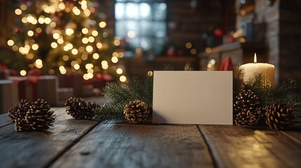 Canvas Print - Mockup of a blank holiday card on a wooden table, surrounded by festive decorations, pinecones, and a glowing Christmas tree in the background. 4K hyperrealistic photo.