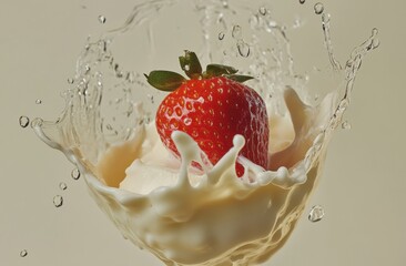 Wall Mural - A strawberry is suspended in the air, surrounded by splashes of milk and cream, with a light beige background, studio lighting