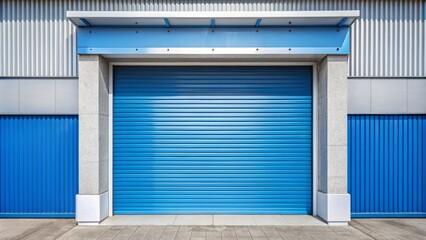 * A commercial building's blue and white security shutter is closed, showcasing modern design and secure entrance.