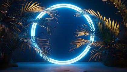 Wall Mural - Futuristic circular frame adorned with blue neon lights and palm leaf accents, showcasing a glowing abstract design