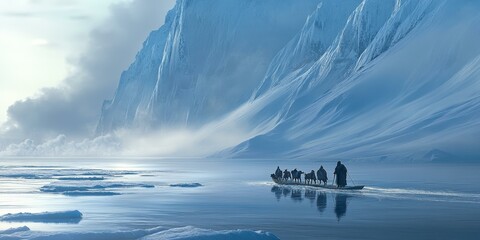 Wall Mural - A small boat navigates icy waters under a snowy mountain.