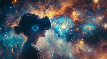 A young person wearing VR headset looks at a colorful nebula in a starry sky.