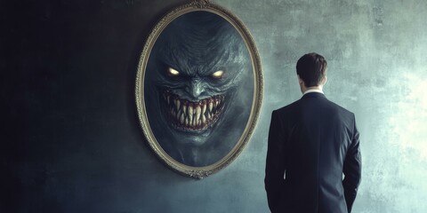 Wall Mural - Man staring at monstrous reflection in mirror.