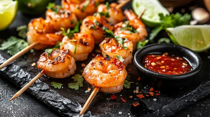 Wall Mural - Grilled shrimp skewers with chili sauce.