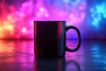 Black Coffee Mug Mockup, isolated on neon lights Background, Minimalist Style, High Quality, and Modern Appeal - new beautiful stock image illustration AI