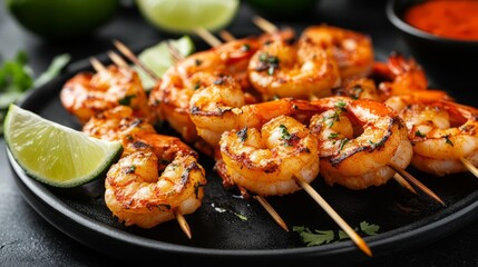 Wall Mural - Grilled shrimp skewers with lime and cilantro.