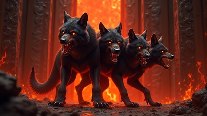 Wall Mural - A four-headed wolf monster with burning eyes in front of a burning wall