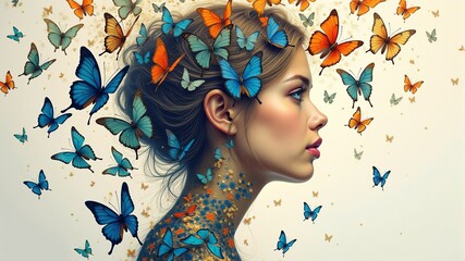 Wall Mural - a woman with butterflies around her neck