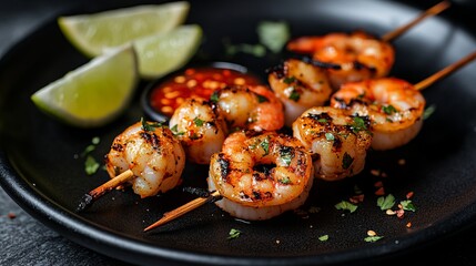 Wall Mural - Grilled shrimp skewers with lime wedges and chili sauce.