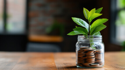 Wall Mural - A small green plant growing from a jar filled with coins, symbolizing financial growth, savings, and investment.