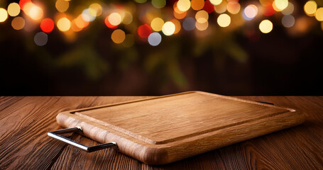 Cutting board on wooden table, with garland in background