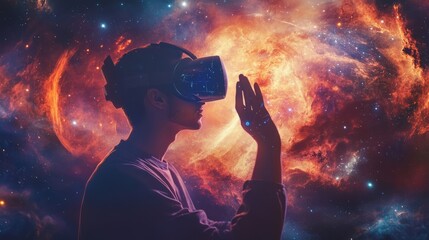 Wall Mural - Man in VR headset looking at the stars with his hand outstretched.