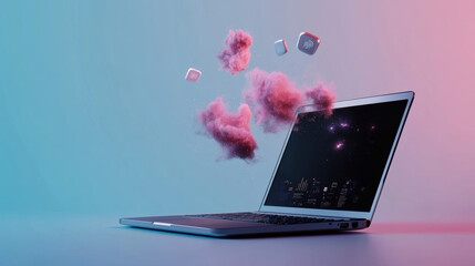 Wall Mural - A laptop is shown with a cloud of pink smoke surrounding it