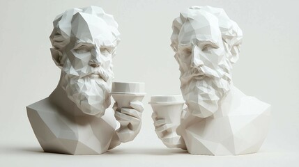 Abstract Geometric Figures of Two Bearded Men Holding Cups in Modern Art Composition