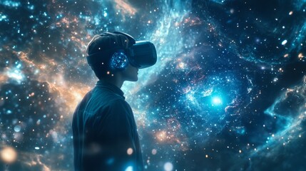 Wall Mural - Person wearing VR headset looking at a galaxy.