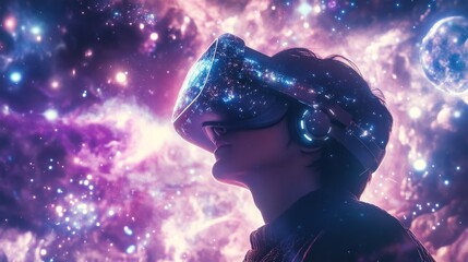 Wall Mural - Person wearing VR headset with a starry sky background.