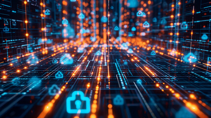 Wall Mural - digital data protection cyber security management system visualization through virtual display of ic