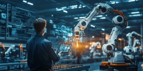 A man controls a robotic arm in a factory.