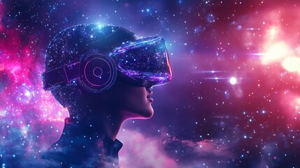 Wall Mural - Woman wearing VR headset with glowing stars in background.