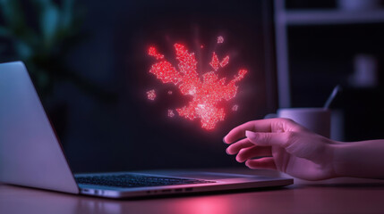 Wall Mural - A hand is touching a laptop screen with a red heart on it