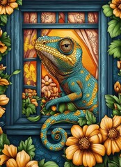 Wall Mural - Vibrant Chameleon in a Colorful Floral Frame with Intricate Details and Bright Colors