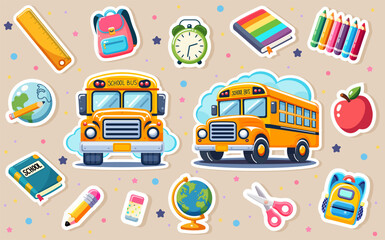 Wall Mural - Colorful sticker set featuring school buses, supplies like pencils, rulers, globes, and backpacks, on a beige background. Back to school concept. Vector illustration