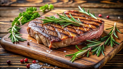 A grilled zebra meat steak sizzles on a wooden board, adorned with a sprig of rosemary and a