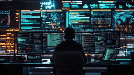 A lone programmer sits before multiple computer monitors displaying complex code and data, working late into the night.