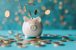 © PIX OF WORLD AI - white piggy bank with coins on blue background