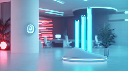 Wall Mural - A futuristic office with a white pedestal in the middle