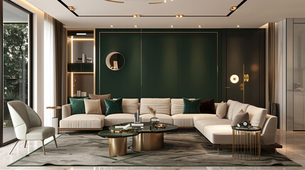 Wall Mural - Modern living room with a bold accent wall in deep emerald green, paired with neutral furniture and gold lighting fixtures.