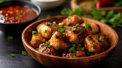 Poster - Wooden Plate With Chinese Dumplings Sprinkled 