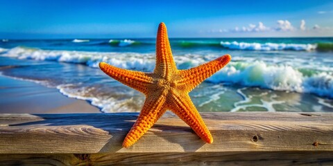 A vibrant orange starfish with delicate, intricate arms stretches across a weathered wooden pier, set against a soft