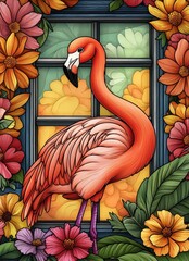 Wall Mural - Vibrant Flamingo Surrounded by Colorful Flowers in Front of a Window - Nature and Wildlife Illustration