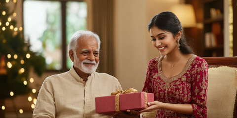 young indian woman giving gift box to father