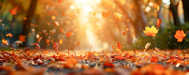 panoramic background with falling autumnal leaves. autumn and thanksgiving concept.