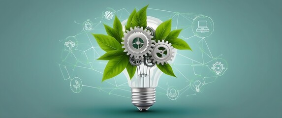 A creative blend of nature and technology, showcasing a light bulb with gears and green leaves, symbolizing innovation and sustainability.