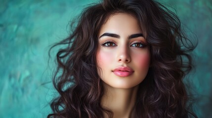 Wall Mural - A beautiful Persian woman with dark brown hair styled in soft curls, her soft pink blush