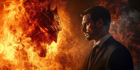 Man in suit facing demonic creature in fire.