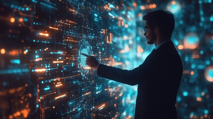 A businessman in a suit interacts with a digital interface, illuminated by vibrant lights. The display shows complex data and network connections, representing the future of technology and innovation.