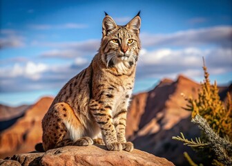 a wild bobcat sits on a rocky outcropping, its tawny fur blending with the desert landscape as it