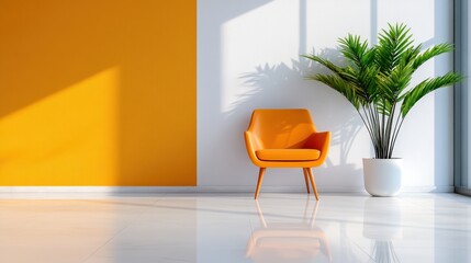 Modern Minimalist Living Room with Orange Chair and Plant